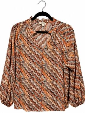 eesome Womens Large V-Neck Blouse Orange And Brown Boho Ruffle Neck Long Sleeve